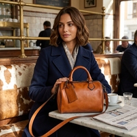 Bolso Boston de Cuero Genuino Vintage, Resistente al Agua, para Mujer, con Asa Superior, Correa de Hombro Ajustable, Color Cognac