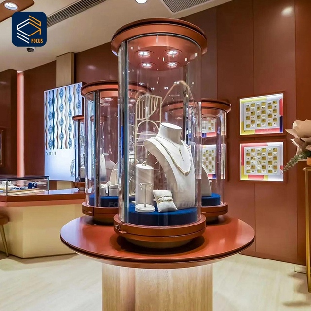 Luxury Cylindrical Glass Jewelry Display Cabinet Wooden Round Tower Showcase LED Boutique Interior Display