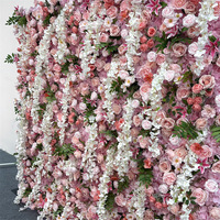Dinding Bunga Buatan 5D dengan Mawar Campuran Pink Putih, Daun Hijau, Alas Kain, Dekorasi Latar Belakang Pesta Pernikahan