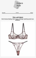 Franse stijl dames bh en string set met kant, borduurwerk, doorschijnend mesh, kleine cup, push-up, verstelbare bandjes, maat 32-38, 3 kleuren