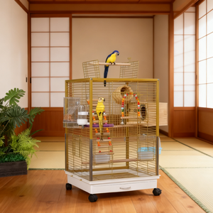 Cage à oiseaux élégante en fer doré avec plateau en plastique, support mobile, loquets verrouillables, design spacieux pour oiseaux de compagnie, décoration intérieure - Product Image 1