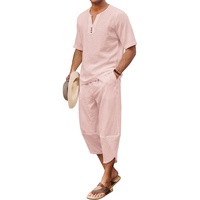 Ensemble 2 pièces en lin pour homme Chemise Henley à manches courtes et pantalon sarouel Capri à jambes larges Pantalon de yoga de plage Baggy Tenues