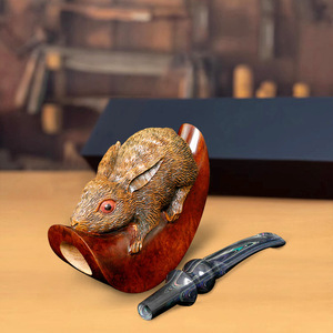 Muxiang Wooden Tobacco Pipe Carved Rabbit Moon Design Bent Shape Solid Briar Wood Handmade Smoking Pipe For Men - Product Image 2