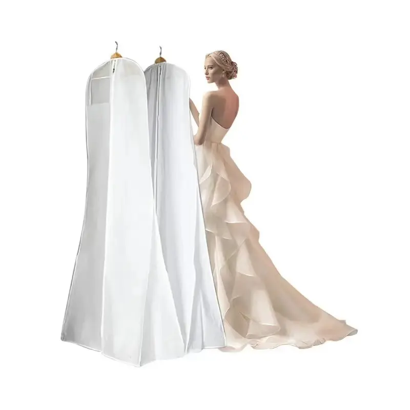 Chine Fabricants Logo personnalisé Blanc Couverture de mariage Robe de mariée Sac anti-poussière Couverture de robe de soirée Sac de vêtements transparent