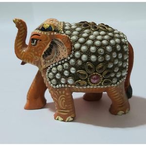 Escultura de elefante de madera hecha a mano de PARIJAT HANDICRAFT pintada con intrincado diseño de incrustaciones - Product Image 2