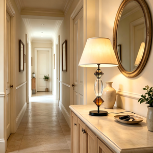 Lámpara de mesa moderna de cristal con pantalla de tela color blanco roto, estilo Empire, E27/E26, luz LED cálida para decoración de dormitorio, decoración del hogar, decoración de hotel - Product Image 6