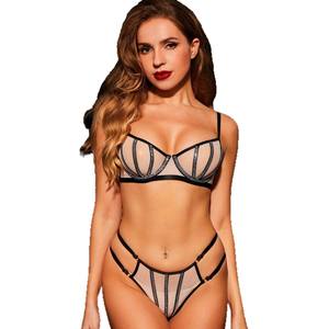<span class=keywords><strong>DeepLove</strong></span> Ensemble de lingerie de nuit de luxe français, design brillant, dentelle perspective, maille, spandex/coton, bordure en dentelle, soutien-gorge et string - Product Image 3