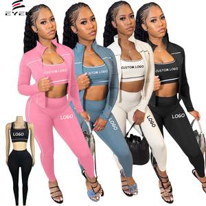 LOGO personalizzato donna <span class=keywords><strong>Crop</strong></span> <span class=keywords><strong>Top</strong></span> a maniche lunghe reggiseno + giacca a vita alta sport Yoga pantaloni donna Jogger Set <span class=keywords><strong>abbigliamento</strong></span> donna 3 pezzi - Product Image 1