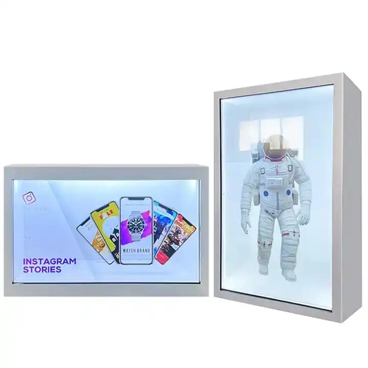 Pantalla de holograma 3D de 21,5 a 86 pulgadas, vitrinas LCD transparentes, caja de exhibición de museo de joyas, video holobox con cámara y micrófono