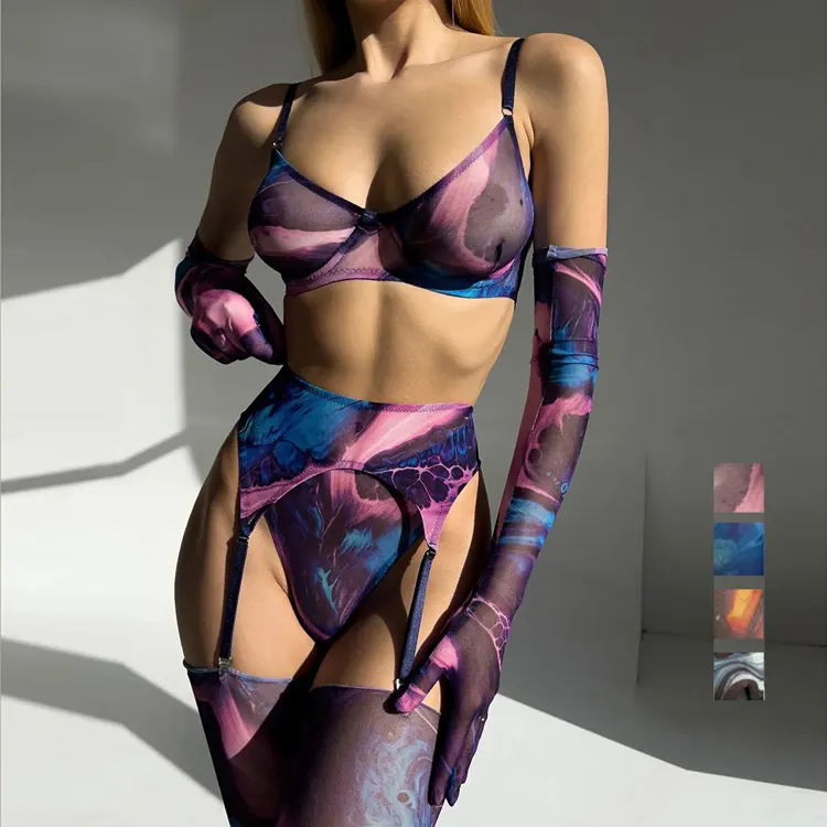 Tie-Dye Erotica 5 pezzi intimo nuovo Kit di biancheria Sexy colorata con guanti
