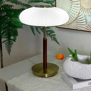 Matsutake Mushroom Table <strong>Lamp</strong> - Mid-Century Modern Design with Ribbed Glass Shade &amp; Walnut <strong>Stem</strong>, E27, Pull Cord Switch - Product Image 2