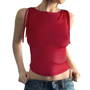 T-shirt senza maniche senza maniche Casual stile estivo su misura t-shirt Top corto a spalla con scollo Slash Slash Top canottiera da donna - Product Image 5