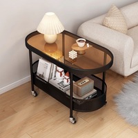 Table d'appoint ovale moderne en verre trempé à double niveau pour maison mobile, chariot roulant pour canapé avec panier de rangement