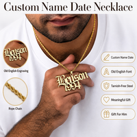 Collier personnalisé avec nom et date, police gothique anglaise ancienne, pendentif gravé, chaîne en corde, acier inoxydable, cadeau pour lui