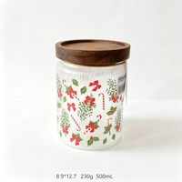 Expédition immédiate - Pot de conservation alimentaire en verre côtelé décoratif de Noël moderne de 500 ml avec couvercle en bois hermétique, compatible lave-vaisselle