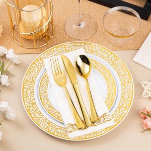 Juego de Vajilla Desechable de Plástico Dorado de 700 Piezas para 100 Personas, Incluye Platos para Cena y Postre, Vasos y Servilletas, Libre de BPA - Product Image 3