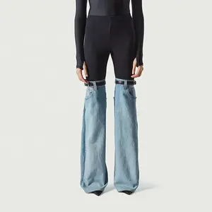 OULAIYADI Spring New High-waist Splicing Contrast Color Jeans Slim Straight Leg Bootcut Pants Women