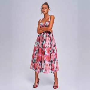 Vestido de Noche de Organza con Estampado Floral y Hombros Descubiertos, Cintura Imperio, Cierre Frontal, Translúcido, Largo, Vestido de Moda para Mujer - Product Image 4