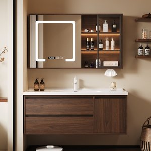 2025 hot selling antique style ceramic integrated basin walnut colored bathroom cabinet with two drawers - Product Image 1