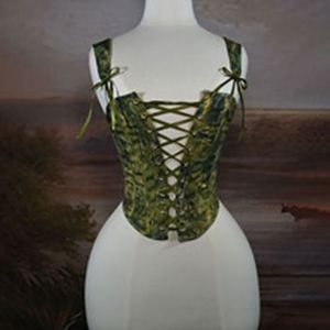 Corset <span class=keywords><strong>vert</strong></span> à motif floral pour femmes avec bretelle à nouer sur le devant et à lacets <span class=keywords><strong>Bustier</strong></span> d'entraînement vintage à la taille - Product Image 1