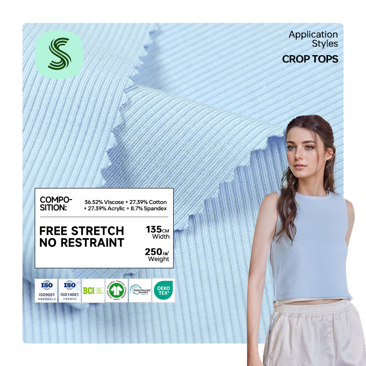 Knitted 36.52% Viscose 27.39% Cotton 27.39% Acrylic 8.7% Spandex Antibacterial 250gsm Soft Viscose Cotton Fabric for Vest