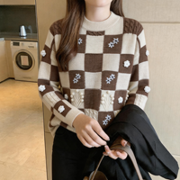 Pull en maille décontracté à col ras du cou pour femme, motif damier, tricot torsadé, appliques florales 3D, coupe ample à épaules tombantes, marque privée