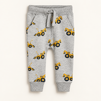 Pantalon de jogging gris pour garçons, imprimé véhicules de construction avec pelles jaunes, taille à cordon de serrage et poches latérales
