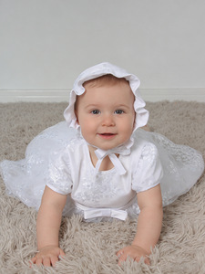 Nuovi Arrivi: Abito da Battesimo per Bambina con Cappellino, <span class=keywords><strong>Vestito</strong></span> Bianco Ricamato in Tulle per Cerimonia Principessa - Product Image 4