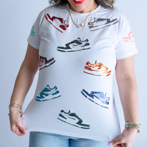 T-<span class=keywords><strong>shirt</strong></span> blanc à paillettes pour femmes T-<span class=keywords><strong>shirt</strong></span> à manches courtes orné de paillettes personnalisées Sneaker Head Sequin <span class=keywords><strong>Tee</strong></span> - Product Image 6