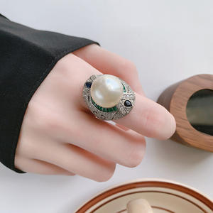 Anillo de dedo índice de <span class=keywords><strong>perla</strong></span> de lujo ligero, <span class=keywords><strong>esmalte</strong></span> con microincrustaciones de <span class=keywords><strong>agua</strong></span> en forma de gota, anillo de <span class=keywords><strong>perla</strong></span> <span class=keywords><strong>gris</strong></span> de circón, regalo de vacaciones - Product Image 2