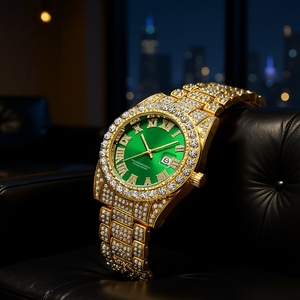 Montre de luxe pour homme en or avec diamants, boîtier en alliage de 42 mm avec cristal saphir, bracelet en cuir, style hip-hop, affichage de la date - Product Image 2