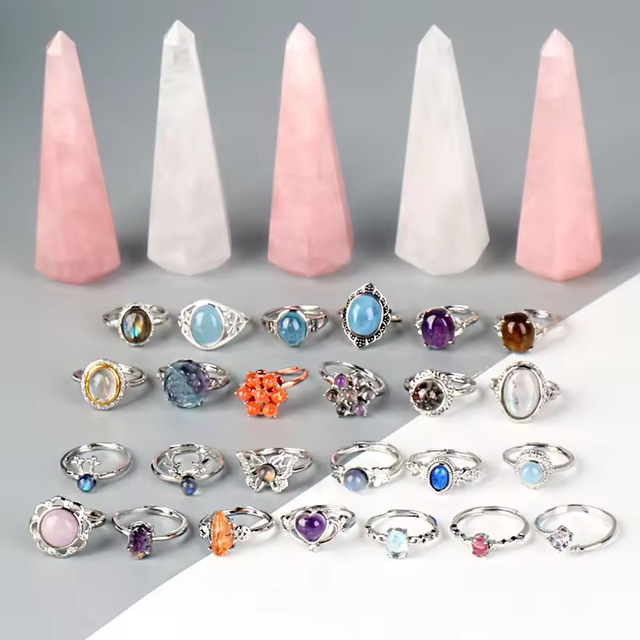 Wholesale New Fashion Natural Healing Crystal Silver-plated Gemstone Rings Adjustable Rings for Women
