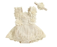 Combinaison pour bébé fille Nouveau-né Bébé Tout-petit Princesse Dentelle Fleur Broderie Combinaison Noeud Bandeau Tenues d'été