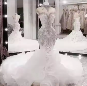 Nouvelle robe de mariée sirène de luxe, robe de mariée scintillante à paillettes, robe de mariée à manches courtes et volants - Product Image 1