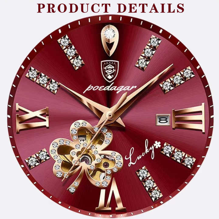 Orologio da polso da donna POEDAGA in vera pelle con diamanti, di lusso, luminoso, al quarzo, in oro rosa