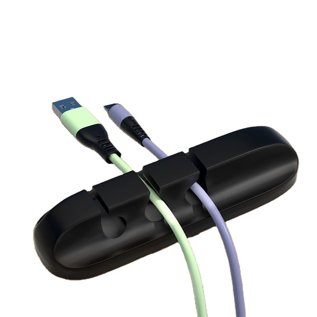 Self-Adhesive Silicone Square Standing Multifunction USB Cable Clips 3/5/7 Hole Design 2.1cm Thick Black Cable Management