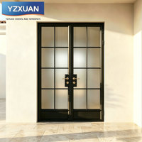 Puerta Doble de Entrada de Estilo Francés Moderno y Lujoso, Marco Estrecho Negro, Rejilla de Aluminio, Vidrio Retro, Aislamiento Térmico, para Exteriores de Viviendas