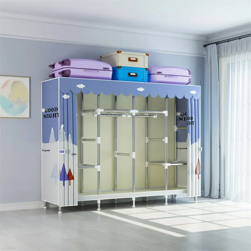 165cm Quarto Roupas Armazenamento Organizador Dobrável Canvas Gabinete Metal Frame Portátil Tecido De Pano Wardrobe Closet para Roupas