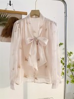 S-XL Chemise Haute Couture Française à Nœud Brodé Avec Top Manches Bulle