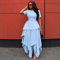 Robe Chic en Gros pour Femme, Col Rond, Manches Courtes, Couleur Unie, Taille Haute, Asymétrique, Coupe Ajustée, Décontractée, pour Soirée, Été