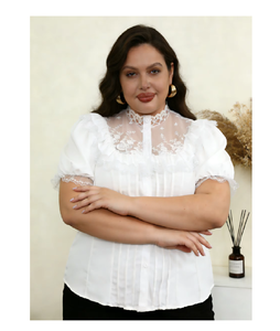 <b>Large</b> Size Cotton Material Women Long Sleeve Blouses Chinese Collar Shirt with Lace - Product Image 2