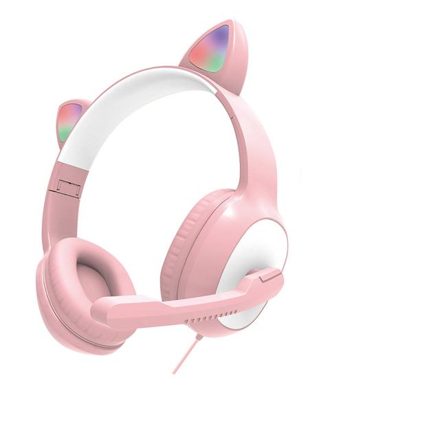 New Product Pink Cat Ear Cute Girl Gaming Headset With Mic ENC Noise Reduction RGB Flash Light Wired Headphone Foldable