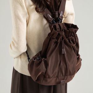 Korean Style Niche Casual Multi-pocket Nylon Women's School Commuting <b>Backpack</b> <b>Drawstring</b> Closure Solid Color Polyester Lining - Product Image 3