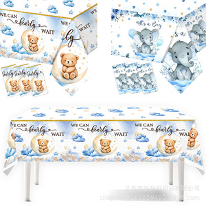 Teddy Bear Baby Shower Party Decorations <b>Tablecloth</b> Plastic <b>Rectangle</b> Blue Watercolor Design Birthday Venue Props - Product Image 1
