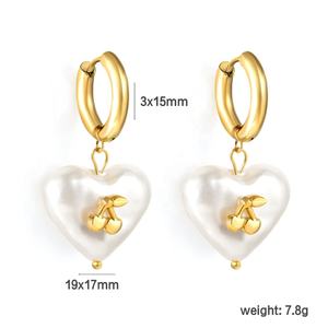 Pendientes de Aro de Acero Inoxidable con Baño de Oro de 18K, Diseño Clásico de Moda, con Perlas y Circonitas en Forma de Flor y Corazón, para Mujer, Venta al por Mayor - Product Image 5