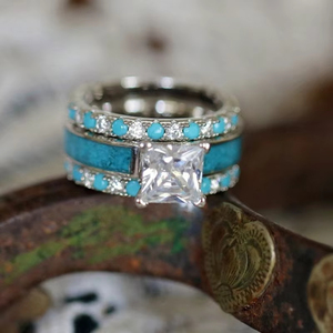 ZhuQian Vente en gros de 3 pièces/ensemble, bague élégante et délicate pour femmes, turquoise carrée, zircon scintillant, plaqué argent vintage, ensemble de bagues de <span class=keywords><strong>mariage</strong></span> - Product Image 4