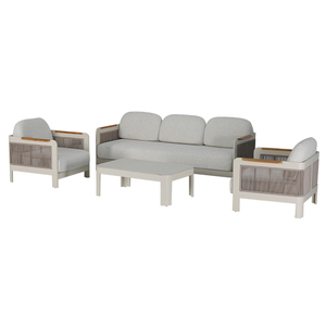 Set <span class=keywords><strong>Divano</strong></span> da Giardino Moderno e Resistente con Design a Leone, Telaio in Alluminio, Corda Intrecciata Beige, Braccioli in Teak, Resistente alle Intemperie, Arredamento da <span class=keywords><strong>Esterno</strong></span> - Product Image 2