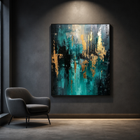 Peinture abstraite sur toile avec feuille d'or turquoise, art mural texturé, art moderne de luxe, peint à la main, décoration murale pour salon