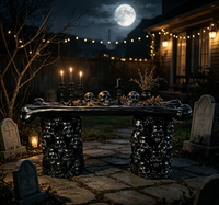 Banc gothique Tête de Mort et Os – Banc décoratif en résine pour Halloween, maison hantée, maison gothique et jardin extérieur