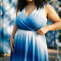 Robe longue sur mesure grande taille pour femme, dégradé bleu et blanc Niagara Falls, en mousseline, col en V, coupe trapèze, longueur complète, du CA 14 au 28